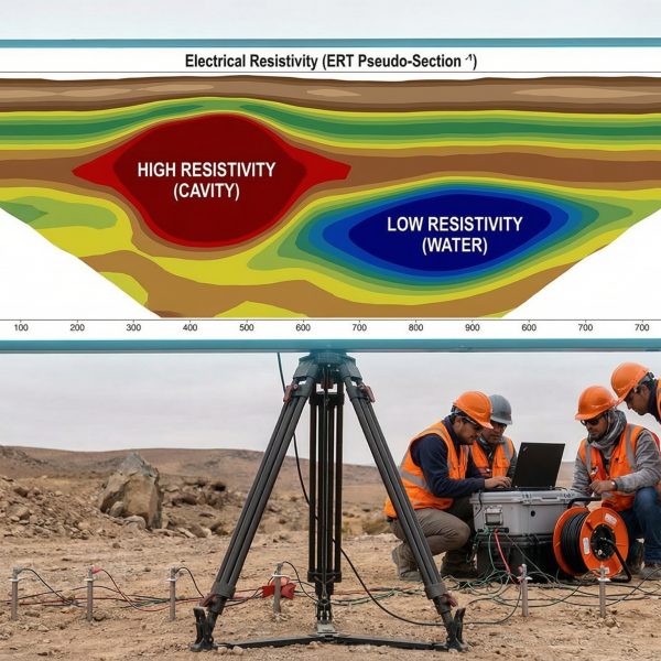 Estudios Geofísicos (Tomografía Eléctrica): La «Radiografía» del subsuelo para detectar cavernas y agua sin perforar
