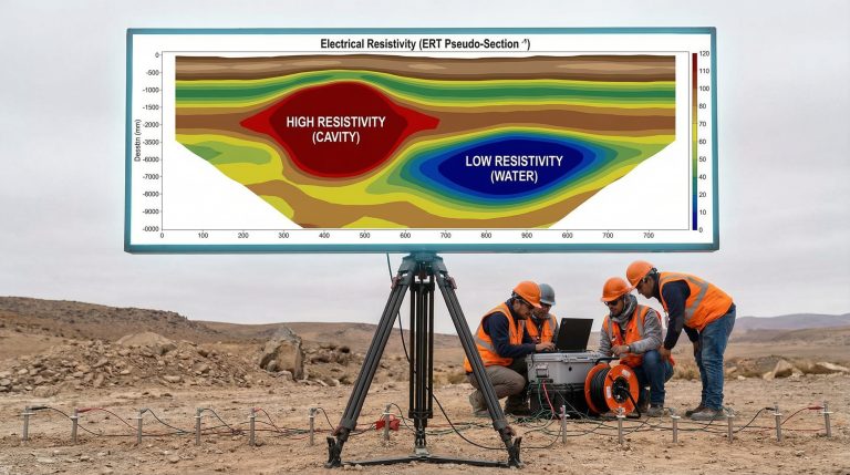 Lee más sobre el artículo Estudios Geofísicos (Tomografía Eléctrica): La “Radiografía” del subsuelo para detectar cavernas y agua sin perforar