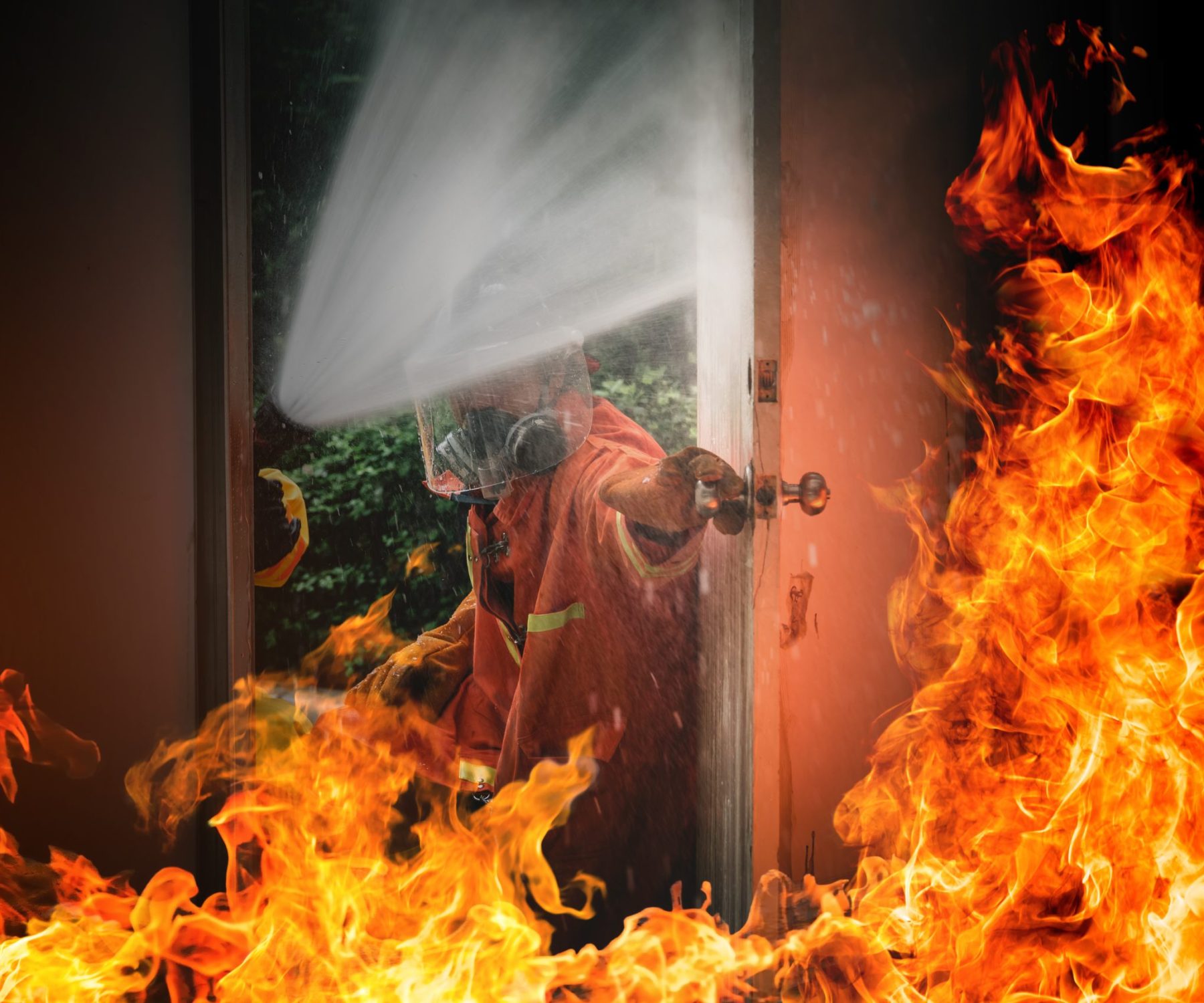 Fireman in Fire Fighting and Evacuation Fire Drill Simulation Training For Safety in Condominium or Factory