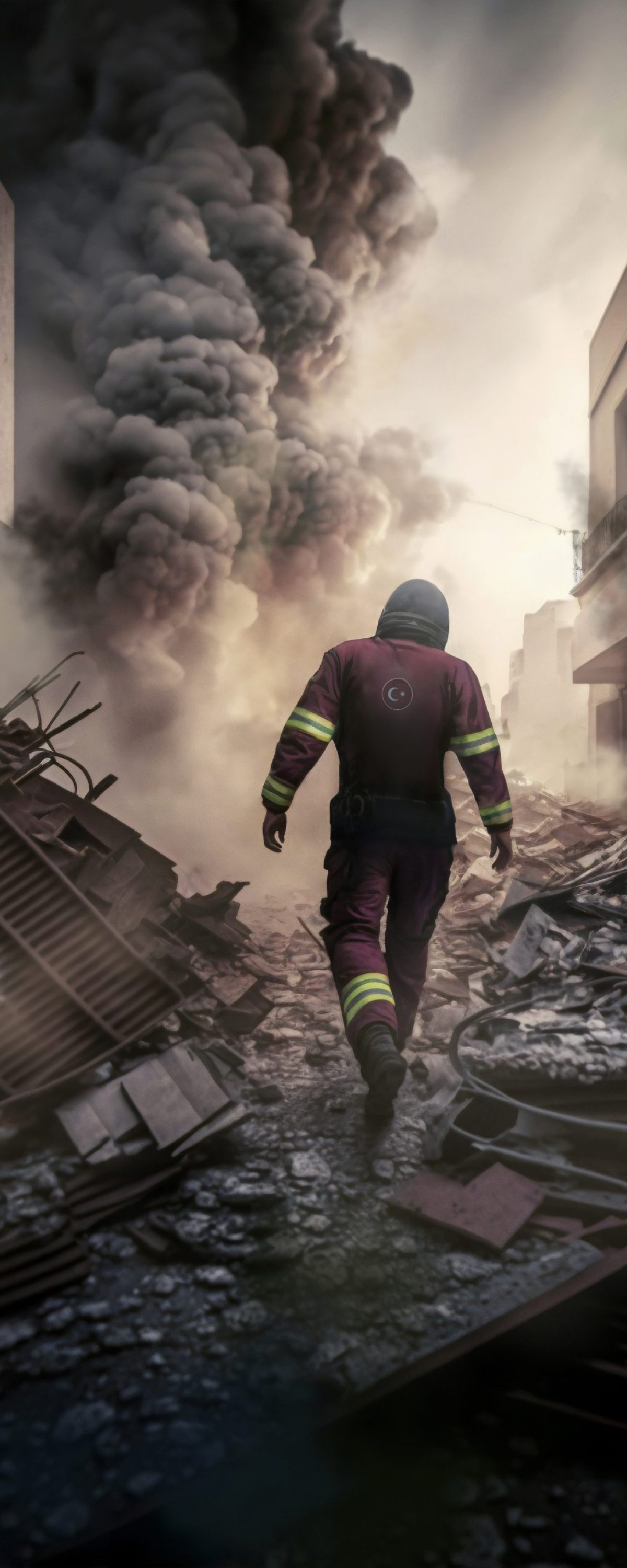 vista-del-rescatista-de-bomberos-entre-los-edificios-afectados-despues-de-un-terremoto vista-del-rescatista-de-bomberos-entre-los-edificios-afectados-despues-de-un-terremoto